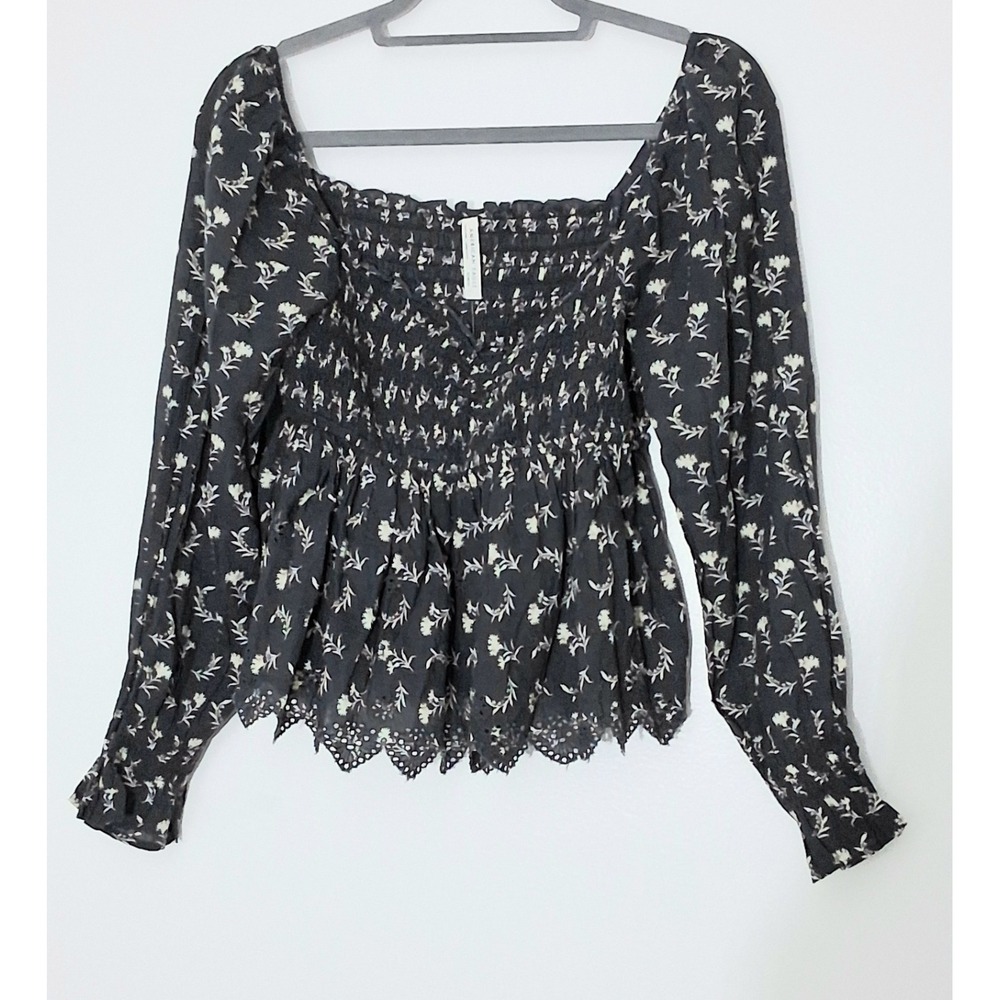 American Eagle Top Size M Gray Babydoll Smocked Long Sleeve Eyelet Hem Y2K NEW
